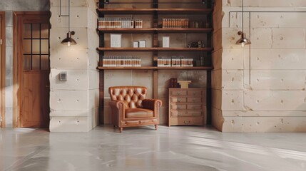 Elegant living room interior with a leather armchair, built-in bookshelves, wooden cabinets, and a polished floor.