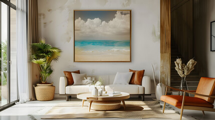 Frame mockup, a fusion of modern design and coastal charm, perfect for a unique living room ambiance that stands out