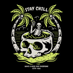 skull relaxing while drinking cocktails on the beach