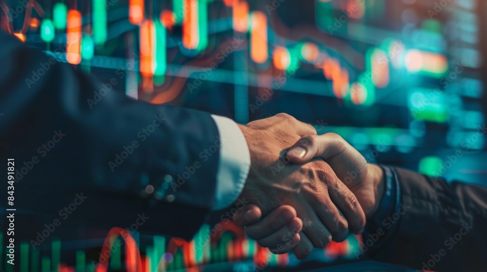 Poster two men shaking hands in front of a stock market graph