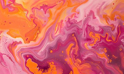Vibrant abstract swirls of pink and orange liquid paints mix in a fluid, Generative AI