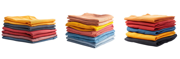 A stack of neatly folded colorful T-shirts isolated on transparent background