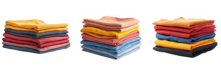 A stack of neatly folded colorful T-shirts isolated on transparent background