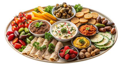 platter of assorted mediterranean meze isolated on Transparent background.