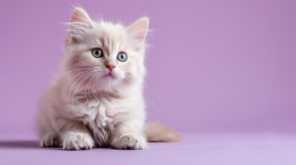 A cute Persian kitten on a solid light purple background with space above for text