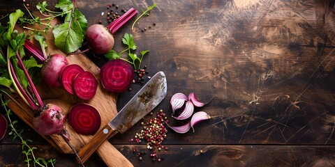 Fresh beetroots with leaves in a wicker basket on a rustic table with greenery in the background
