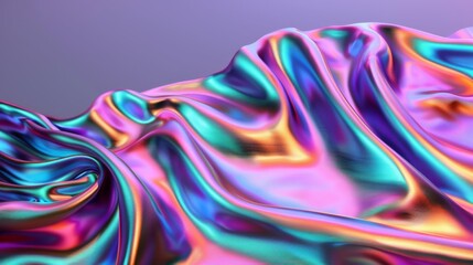A vibrant holographic iridescent satin foil with undulating folds creating an abstract texture.