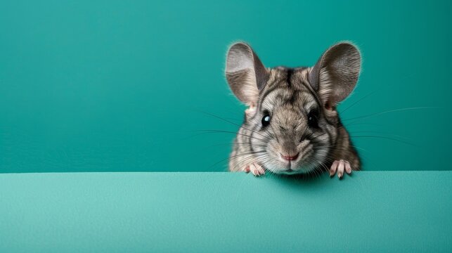 A curious chinchilla peeking out from a solid teal background with space above for text