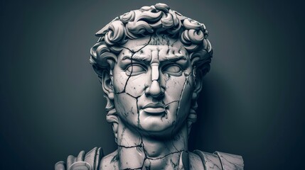 Digitally upscaled image of a broken ancient Greek statue head with visible cracks, against a plain background.