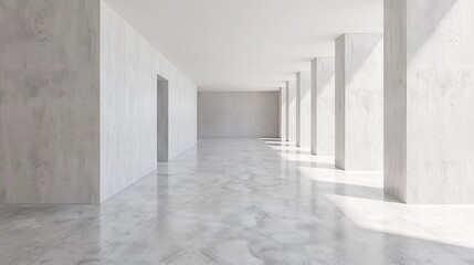 Modern minimalist interior showcasing a spacious area with large white walls and sleek marble flooring, creating a serene ambiance.