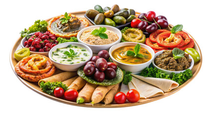 platter of assorted mediterranean meze isolated on Transparent background.