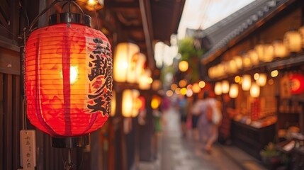 A vibrant Kyoto shopping district at dusk with a focus on a red lantern, blurred pedestrians, and illuminated storefronts.