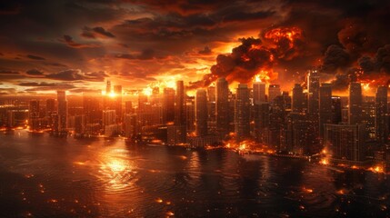 Naklejka premium Apocalyptic vision of a city engulfed in flames, with smoke billowing against a fiery sunset skyline.