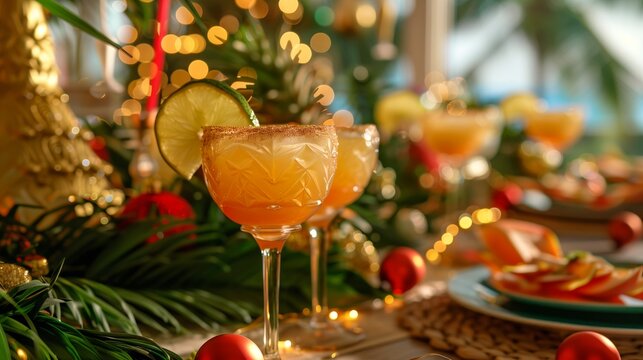 Elegant tropical cocktails with lime garnish, surrounded by festive decorations and lights, creating a vibrant holiday atmosphere.
