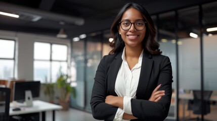 Fototapeta premium Confident businesswoman in office attire with arms crossed, standing in a modern office environment, smiling at the camera.