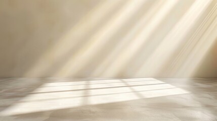 Minimalistic light beige background with sunlight rays casting a grid shadow pattern on the surface, ideal for product presentation.