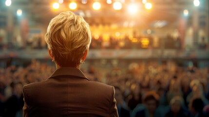 Fototapeta premium Businesswoman facing an audience in a conference hall, backlit by warm stage lights.