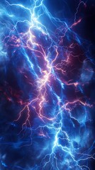 Intense blue lightning bolts branching out against a dark sky, illustrating a dramatic thunderstorm or chaos theme with dynamic lighting effects.