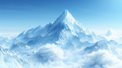 Fototapeta premium Wide-angle view of majestic snow-capped mountains towering above the clouds under a clear blue sky.