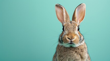 Obraz premium A cute bunny on a solid pastel green background with space above for text