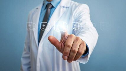Doctor pressing virtual ambulance icon, digital emergency medical services and rapid response, modern healthcare technology for efficient and secure handling of urgent health situations
