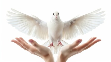 Obraz premium A white dove spreading its wings in flight, poised above a pair of human hands against a transparent background.