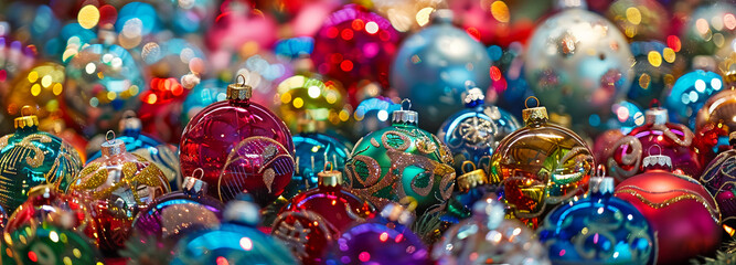 Festive collection of brightly colored Christmas ornaments with intricate details and unique designs. Background panorama