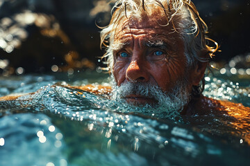 Elderly Man Swimming in the sea.