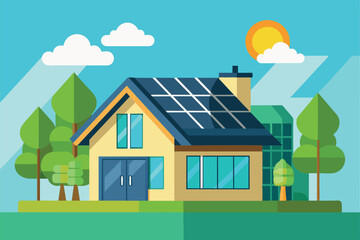 A two-storey house with solar panels on the roof. The house is surrounded by a green lawn. There are trees growing around the plot. theme of renewable energy use in the residential house.