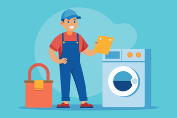 repairman of washing machines and other household appliances in the background of the workshop