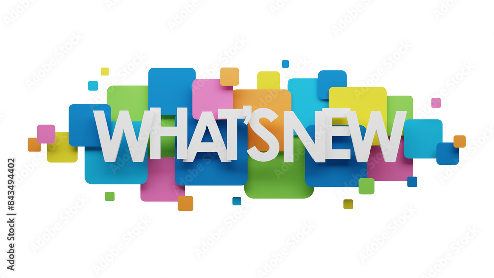 Poster 3d render of what's new banner on colorful squares with transparent background