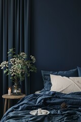 Home mockup, cozy dark blue bedroom interior background, 