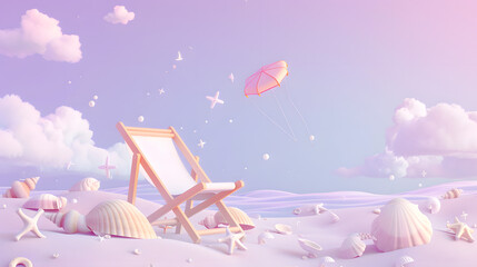 3D cartoon beach with a beach chair. Seashells and a kite on a lavender background. Minimalistic style. 