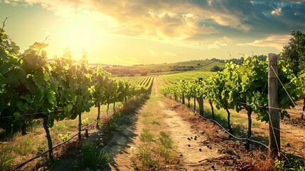 Naklejka premium A serene vineyard with rows of grapevines stretching to the horizon, providing a tranquil background with space for text above, Generative AI