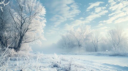 Obraz premium A serene winter landscape with snow-covered trees and a soft blue sky, providing a serene background for text placement, Generative AI