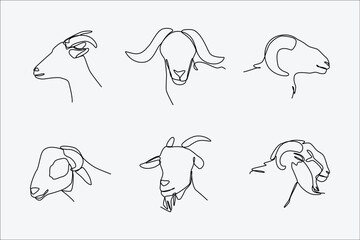 One continuous line drawing of heads of goat and sheep. Concept of farm animal, muslim holiday eid adha, livestock. Editable stroke. Vector illustration.