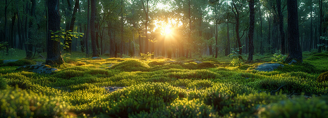 Panoramic natural view of dense green forest at sunset, golden rays of sunlight illuminating mossy ground