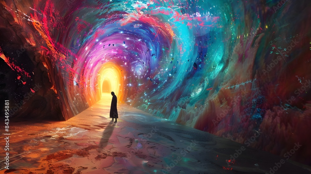 Poster a man stands in a tunnel with a bright light shining on him. the tunnel is filled with colorful ligh