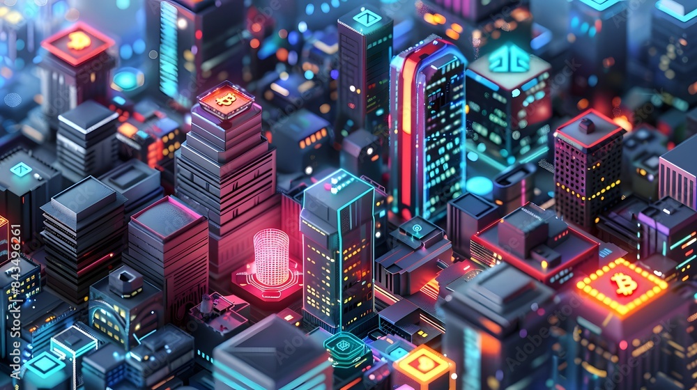 Poster a blockchain city where each building represents a different block in the chain