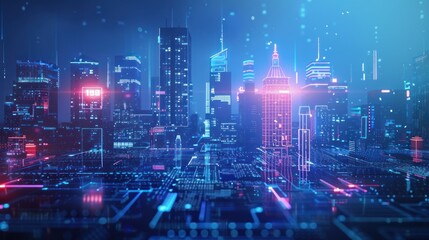 Cityscape on dark blue background with bright glowing neon. Technology city background