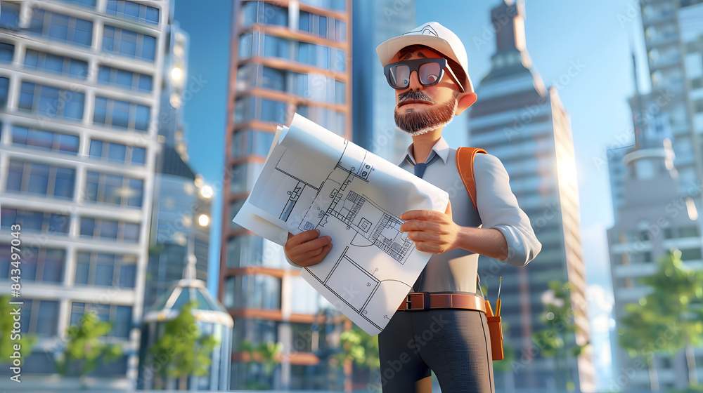 Poster 3d character architect with blueprints on a modern city background