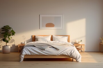 Modern bedroom with white wall, bed with headboard and brown bedspread, accompanied by a light wood nightstand with plant and clock. Minimalist decor with abstract painting and plants on the floor