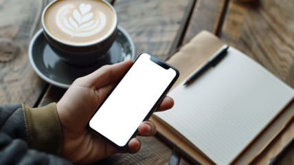 Man's hand holding a mobile phone with a latte art coffee cup next to it, a notebook and pen on the table, capturing the blend of traditional note-taking and modern technology usage.