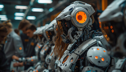 Fototapeta premium A group of advanced humanoid robots stand in a factory, awaiting their final programming.