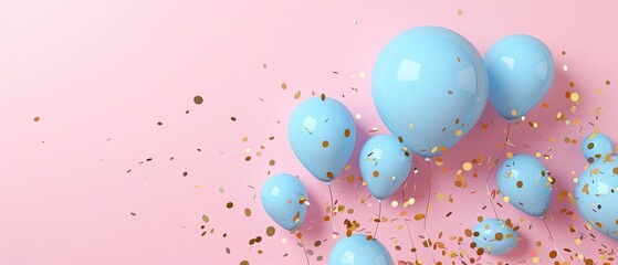 Light blue pastel balloons and golden confetti on a pale yellow background