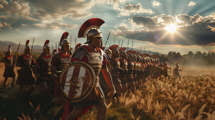 A Roman legionnaire leads his comrades through a golden field at sunrise, their armor glistening under the rays breaking through dramatic clouds.