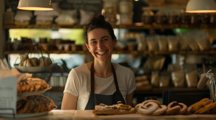 A cheerful barista stands behind the counter of a cozy bakery, surrounded by delicious pastries and a warm, inviting atmosphere.