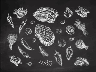 A set of hand-drawn sketches of barbecue elements on chalkboard background. For the design of the menu of restaurants and cafes, grilled food. Pieces of meat and vegetables with seasonings.
