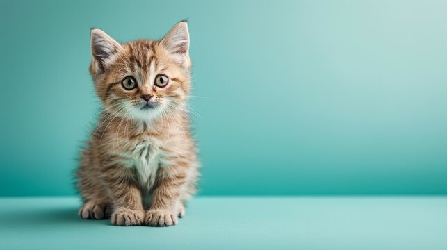 A cute British Shorthair kitten on a solid light green background with space above for text