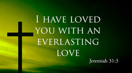 Motivational and encouraging bible word of god about love with jesus cross symbol on colorful background. Christian faith